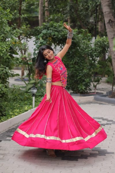 Pink Roman Silk Lehenga with Mirror Work and Gota Lace Navratri Wear Navratri Lehnega Choli