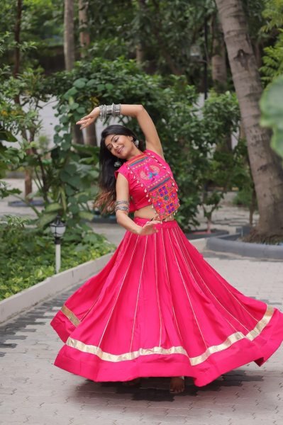 Pink Roman Silk Lehenga with Mirror Work and Gota Lace Navratri Wear Navratri Lehnega Choli