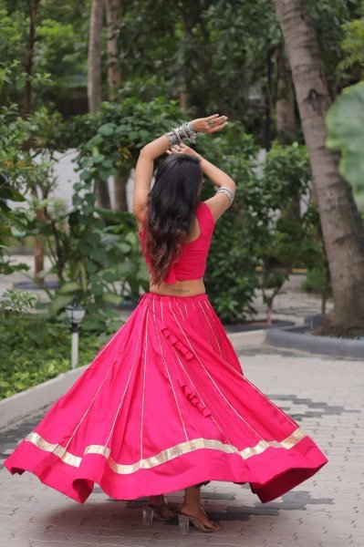 Pink Roman Silk Lehenga with Mirror Work and Gota Lace Navratri Wear Navratri Lehnega Choli