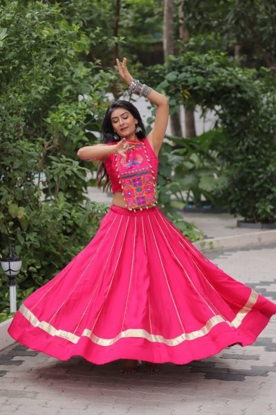 Pink Roman Silk Lehenga with Mirror Work and Gota Lace Navratri Wear Navratri Lehnega Choli