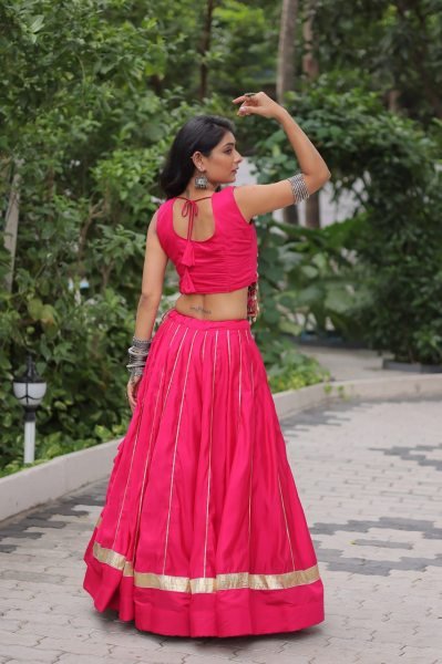 Pink Roman Silk Lehenga with Mirror Work and Gota Lace Navratri Wear Navratri Lehnega Choli