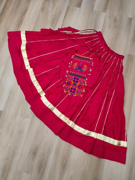 Pink Roman Silk Lehenga with Mirror Work and Gota Lace Navratri Wear Navratri Lehnega Choli