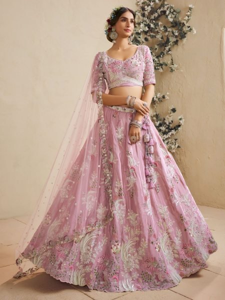 Pink Satin Silk Semi Stitched Lehenga with Heavy Coding Embroidery for Wedding Wear 