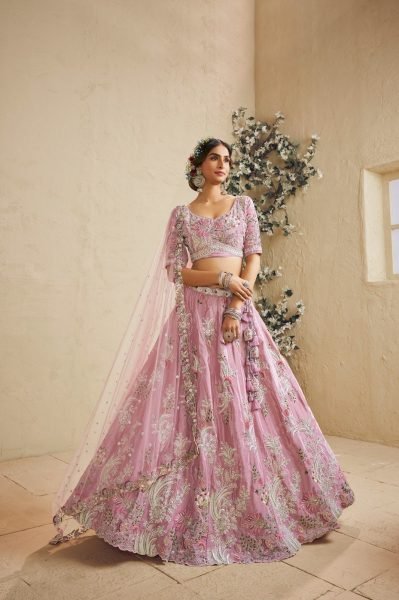 Pink Satin Silk Semi Stitched Lehenga with Heavy Coding Embroidery for Wedding Wear Bridal Lehenga Choli