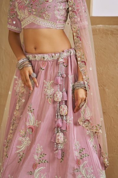 Pink Satin Silk Semi Stitched Lehenga with Heavy Coding Embroidery for Wedding Wear Bridal Lehenga Choli