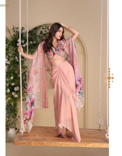 Pink Sayuri Indo Western Suit with Digital Floral Cape Designer Outfit Chinon Silk for Parties  Designer Plazzo Salwar Suits Wholesale