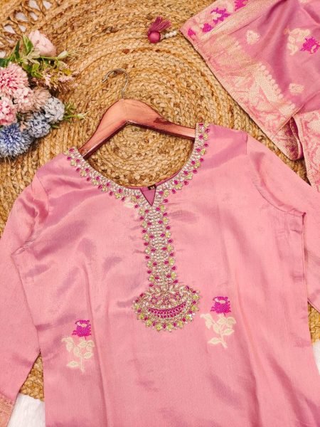 Pink Shimmer Jacquard Embroidery Kurta Set with Dupatta for Festival Offer 3 Piece Kurti Set