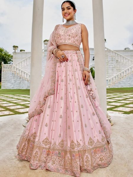 Pink Silk Bridal Lehenga Choli with Sequins and Thread Embroidery Luxury Look at Best Price Bridal Lehenga Choli