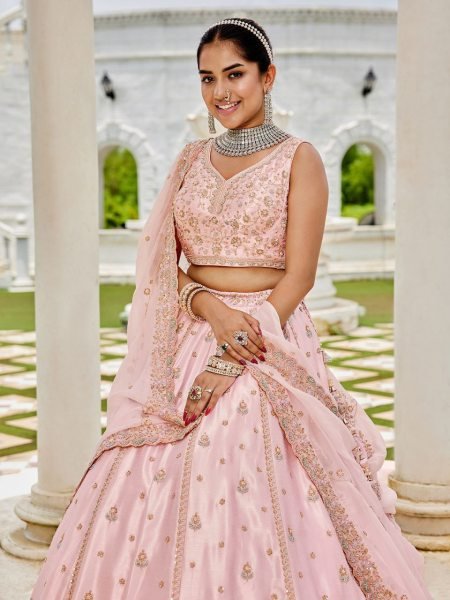 Pink Silk Bridal Lehenga Choli with Sequins and Thread Embroidery Luxury Look at Best Price Bridal Lehenga Choli
