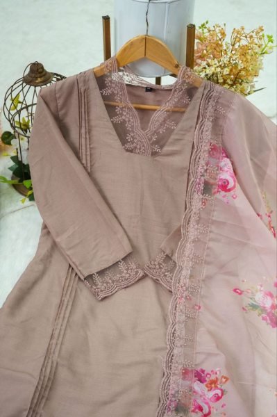 Pink Soft Muslin Silk Kurti Palazzo & Dupatta Set 3 Piece Kurti Set