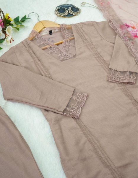 Pink Soft Muslin Silk Kurti Palazzo & Dupatta Set 3 Piece Kurti Set