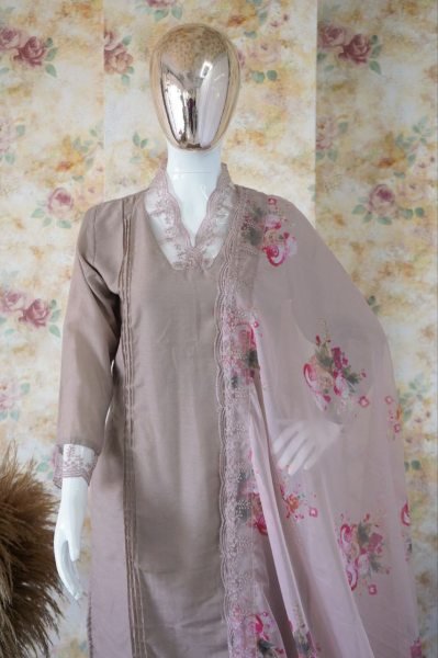 Pink Soft Muslin Silk Kurti Palazzo & Dupatta Set 3 Piece Kurti Set