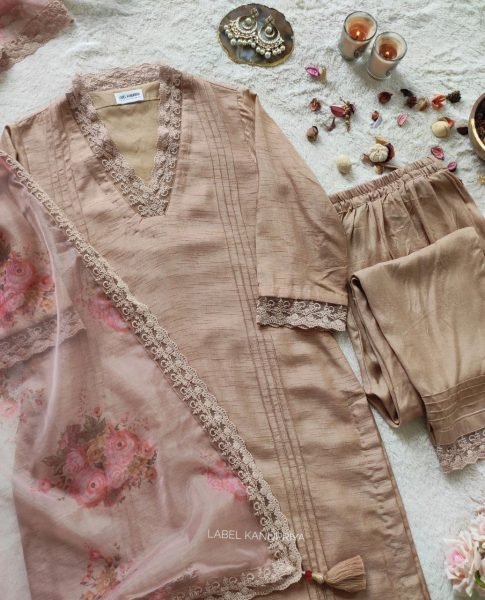 Pink Soft Muslin Silk Kurti Palazzo & Dupatta Set 3 Piece Kurti Set