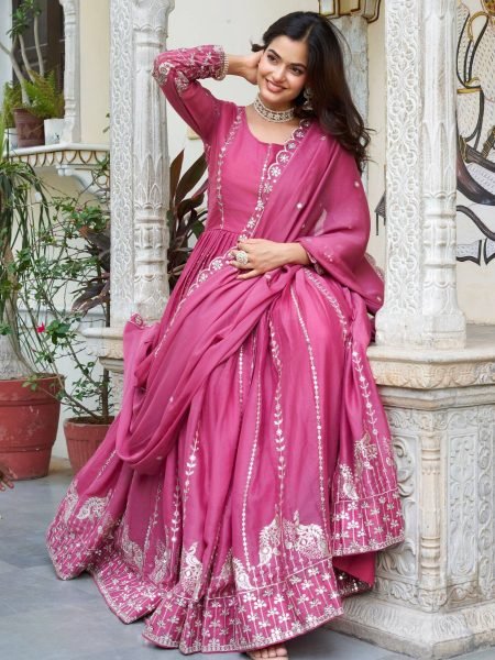 Pink Star Georgette Designer Gown with Dupatta Diwali Bulk Order Ready 