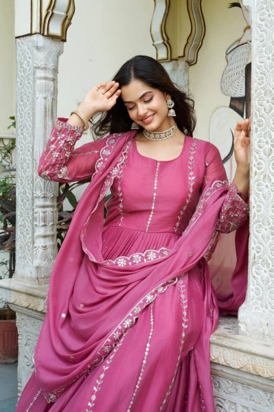 Pink Star Georgette Designer Gown with Dupatta Diwali Bulk Order Ready Diwali Collection