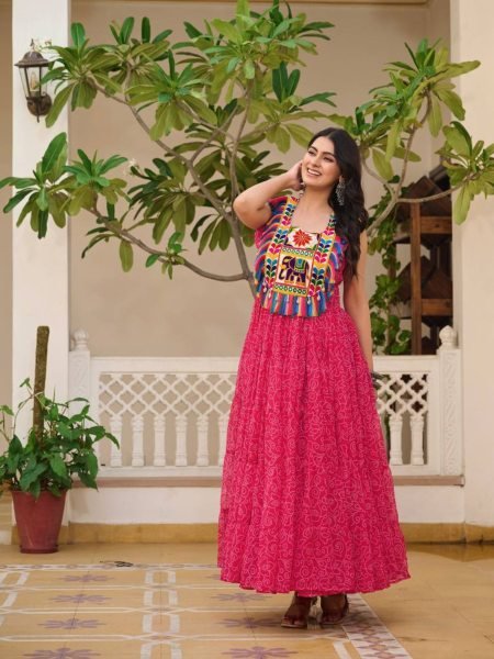 Pink Traditional Garba Gown Mirror Work and Bandhani Print for Navratri Anarkali Kurtis 