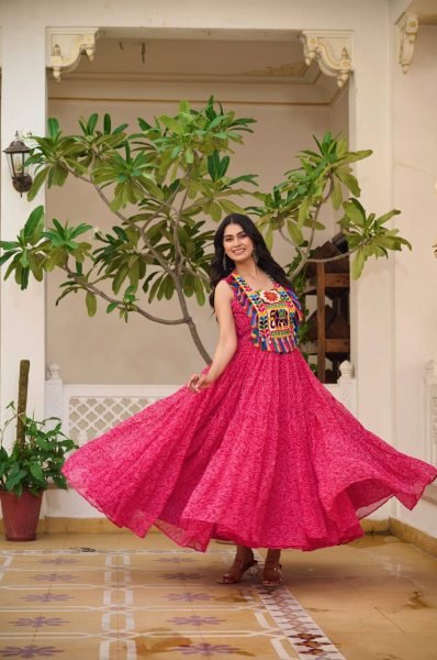 Pink Traditional Garba Gown Mirror Work and Bandhani Print for Navratri Anarkali Kurtis 