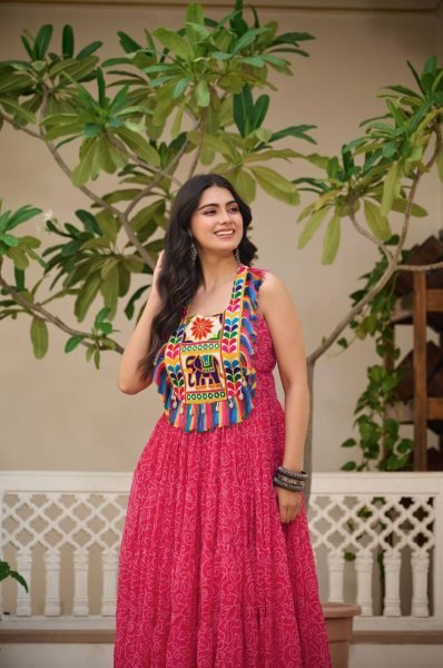 Pink Traditional Garba Gown Mirror Work and Bandhani Print for Navratri Anarkali Kurtis 