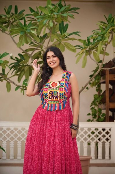 Pink Traditional Garba Gown Mirror Work and Bandhani Print for Navratri Anarkali Kurtis 