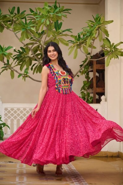 Pink Traditional Garba Gown Mirror Work and Bandhani Print for Navratri Anarkali Kurtis 