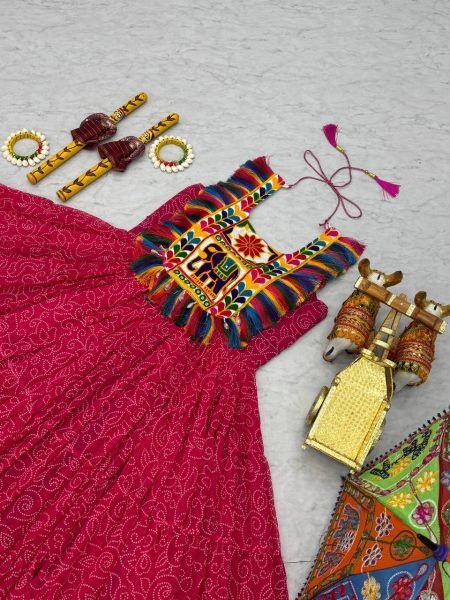Pink Traditional Garba Gown Mirror Work and Bandhani Print for Navratri Anarkali Kurtis 