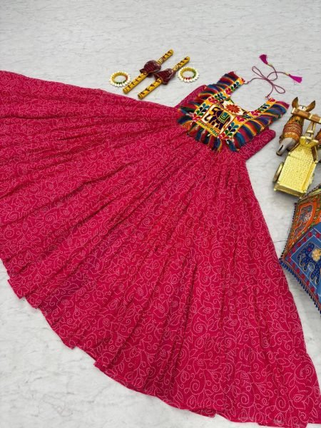 Pink Traditional Garba Gown Mirror Work and Bandhani Print for Navratri Anarkali Kurtis 
