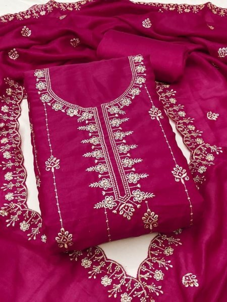 Pink Vichitra Silk Dress Material with Multi Embroidery and Santoon Bottom  Dress Material 