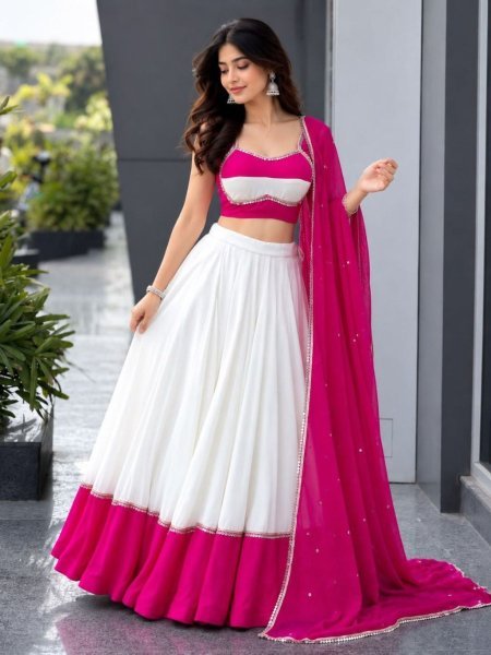 Pink White Designer Cotton Party Wear Lehenga Choli with Heavy Mirror Work Lace  Lehenga