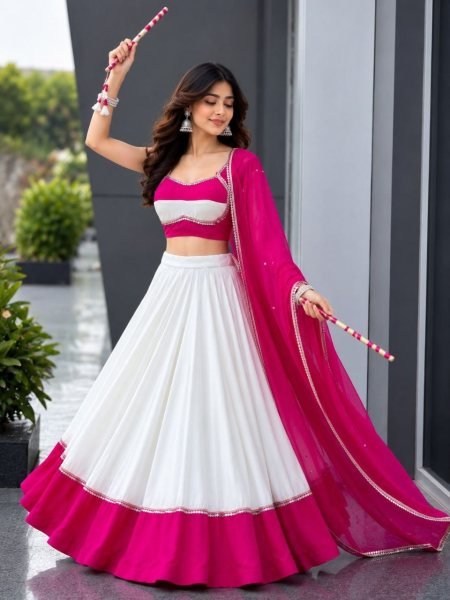 Pink White Designer Cotton Party Wear Lehenga Choli with Heavy Mirror Work Lace Navratri Lehnega Choli