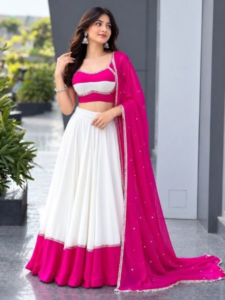 Pink White Designer Cotton Party Wear Lehenga Choli with Heavy Mirror Work Lace Navratri Lehnega Choli