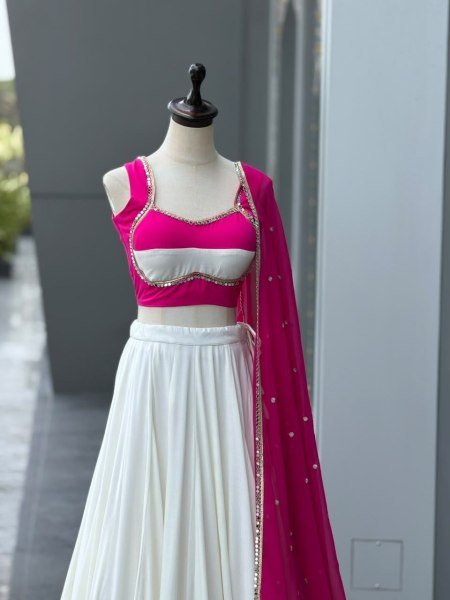 Pink White Designer Cotton Party Wear Lehenga Choli with Heavy Mirror Work Lace Navratri Lehnega Choli