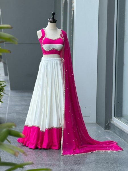 Pink White Designer Cotton Party Wear Lehenga Choli with Heavy Mirror Work Lace Navratri Lehnega Choli
