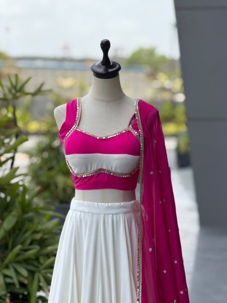 Pink White Designer Cotton Party Wear Lehenga Choli with Heavy Mirror Work Lace Navratri Lehnega Choli