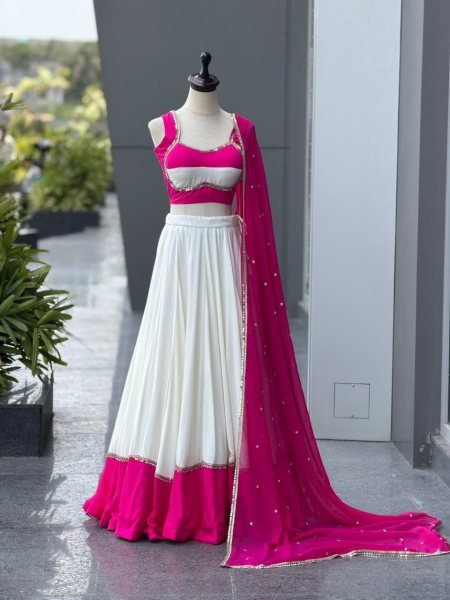 Pink White Designer Cotton Party Wear Lehenga Choli with Heavy Mirror Work Lace Navratri Lehnega Choli