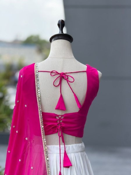 Pink White Designer Cotton Party Wear Lehenga Choli with Heavy Mirror Work Lace Navratri Lehnega Choli