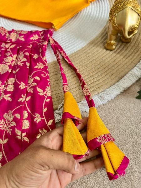 Pink Yellow Girls Ready to Wear Lehenga Choli with Zari Border and Puff Sleeves Girls Wear