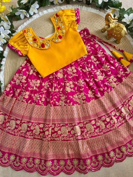 Pink Yellow Girls Ready to Wear Lehenga Choli with Zari Border and Puff Sleeves Girls Wear