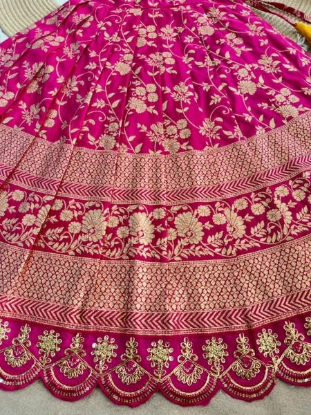 Pink Yellow Girls Ready to Wear Lehenga Choli with Zari Border and Puff Sleeves Girls Wear