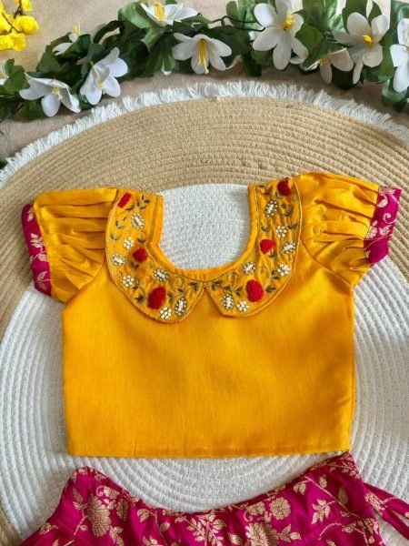 Pink Yellow Girls Ready to Wear Lehenga Choli with Zari Border and Puff Sleeves Girls Wear