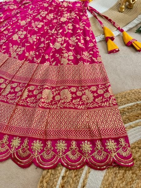 Pink Yellow Girls Ready to Wear Lehenga Choli with Zari Border and Puff Sleeves Girls Wear