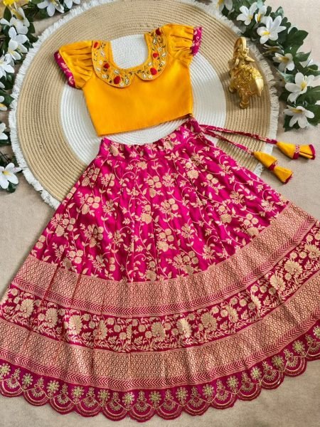 Pink Yellow Girls Ready to Wear Lehenga Choli with Zari Border and Puff Sleeves Girls Wear