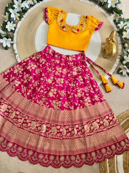 Pink Yellow Girls Ready to Wear Lehenga Choli with Zari Border and Puff Sleeves Girls Wear