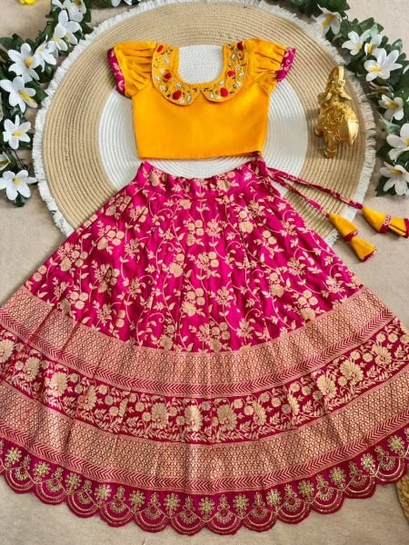 Pink Yellow Girls Ready to Wear Lehenga Choli with Zari Border and Puff Sleeves Girls Wear