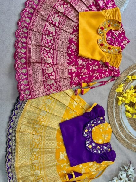 Pink Yellow Girls Ready to Wear Lehenga Choli with Zari Border and Puff Sleeves Girls Wear