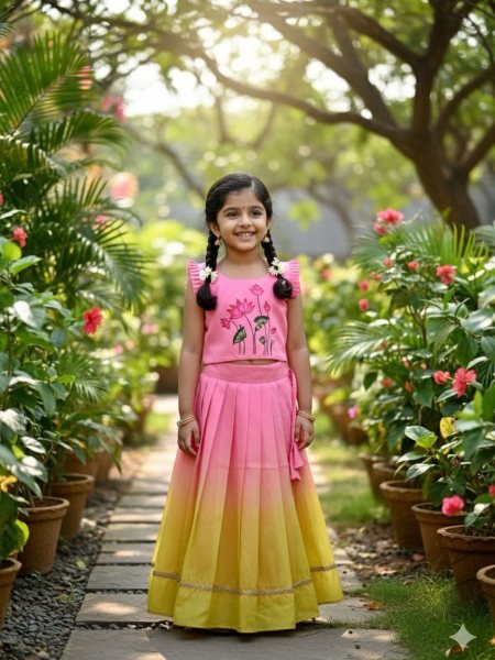 Pink yellow Pulmy Silk Lehenga Choli with Kalamkari Print for Festive Wear Kurtis