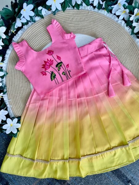 Pink yellow Pulmy Silk Lehenga Choli with Kalamkari Print for Festive Wear Girls Wear