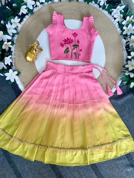 Pink yellow Pulmy Silk Lehenga Choli with Kalamkari Print for Festive Wear Girls Wear