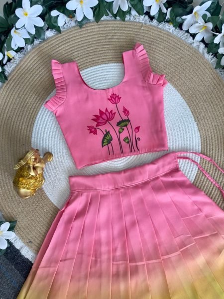 Pink yellow Pulmy Silk Lehenga Choli with Kalamkari Print for Festive Wear Girls Wear