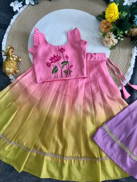 Pink yellow Pulmy Silk Lehenga Choli with Kalamkari Print for Festive Wear Girls Wear