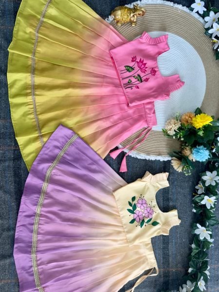 Pink yellow Pulmy Silk Lehenga Choli with Kalamkari Print for Festive Wear Girls Wear